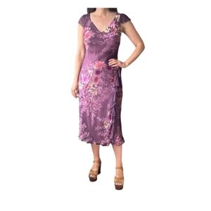 Monsoon 1990's Y2K Silk Blend Bias Cut Midi Ruffle Dress Size 6